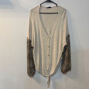 Botanique Leopard Print Sleeve Tie Front Cardigan